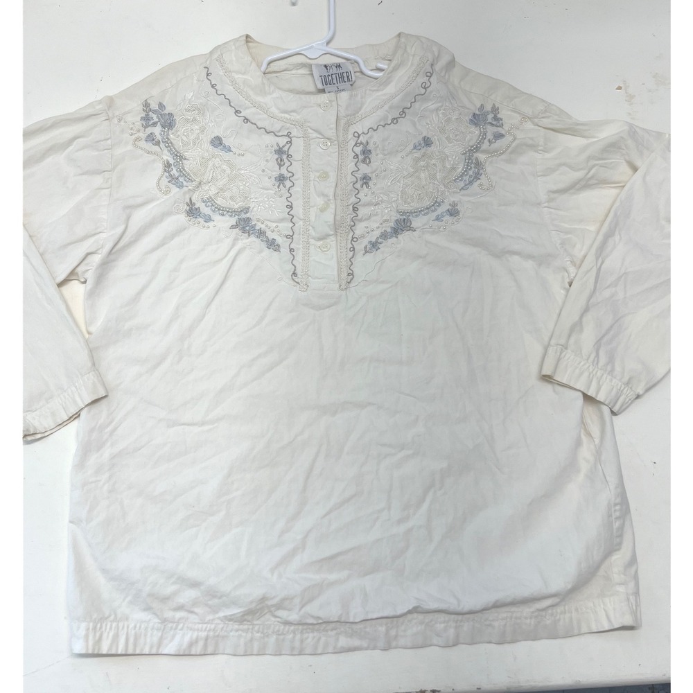 Together! Womens Ivory Cotton Embroidered Pearl BOHO Western Victorian Blouse S